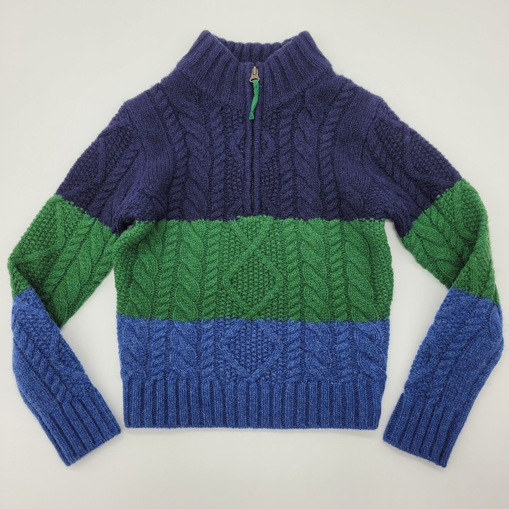 Mini Boden Sweater Cable Knit Stripe Mockneck Zip Wool Blend Blue Size 2-3years - Picture 1 of 13